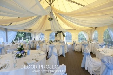 Президент отель Планерное Лебяжий остров декор шатра на свадьбу в небесно голубом цвете.Бюджет 75 000